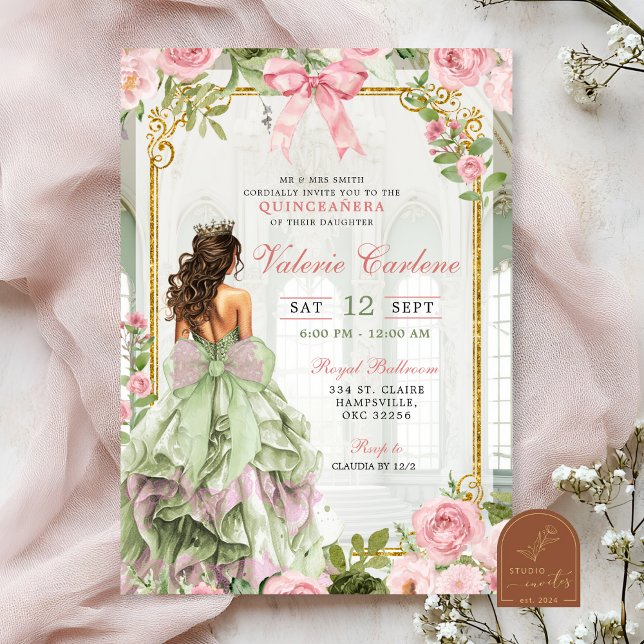 Coquette Bow Ballroom Sage Blush Rosa Quinceanera Inbjudningar (Skapare uppladdad)