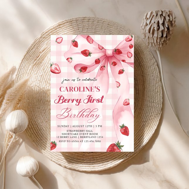 Coquette Bow Berry First Strawberry 1:a födelsedag Inbjudningar (Skapare uppladdad)