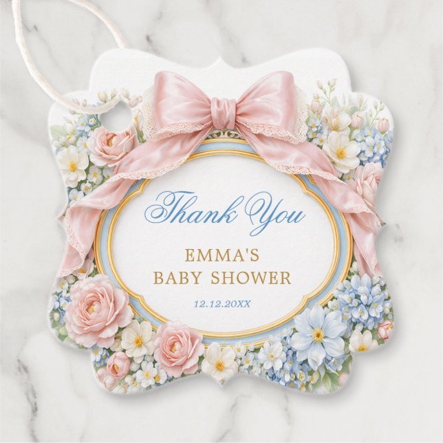 Coquette Bow Bloom Baby Shower Thank You Gåvor Etiketter (Framsida)