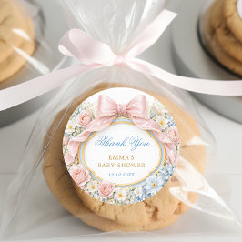 Coquette Bow Bloom Baby Shower Thank You Runt Klistermärke