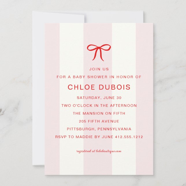  Coquette Bow Blush Rosa Randig Baby Shower  Inbjudningar (Framsida)