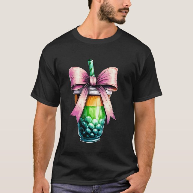 Coquette Bow Bubble Tea Boba Mjölk Te Rosa Band T Shirt (Framsida)