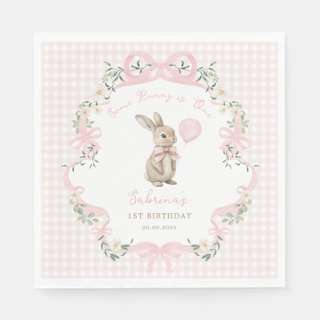 Coquette Bow Bunny Pink Gingham 1st Birthday Pappersservett (Framsidan)