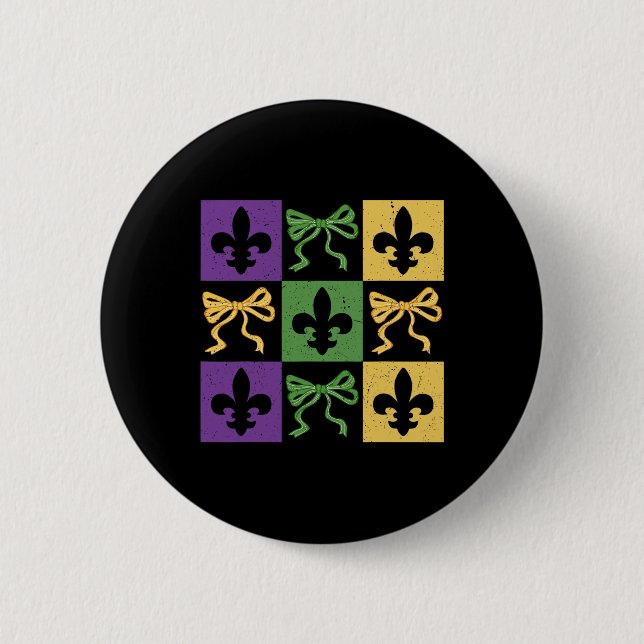 Coquette Bow Checkered Fleur De Lis Mardi Gras Car Knapp (Framsida)