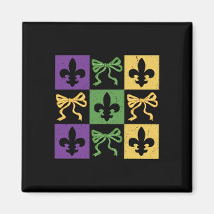 Coquette Bow Checkered Fleur De Lis Mardi Gras Car Magnet