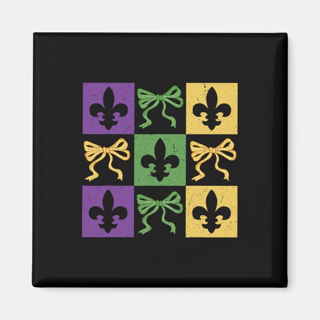 Coquette Bow Checkered Fleur De Lis Mardi Gras Car Magnet (Framsidan)