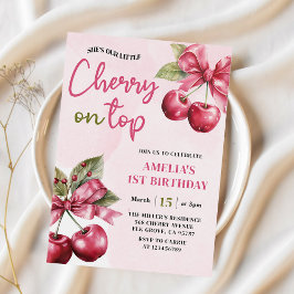 Coquette Bow Cherry på första födelsedagarinbjudan Inbjudningar