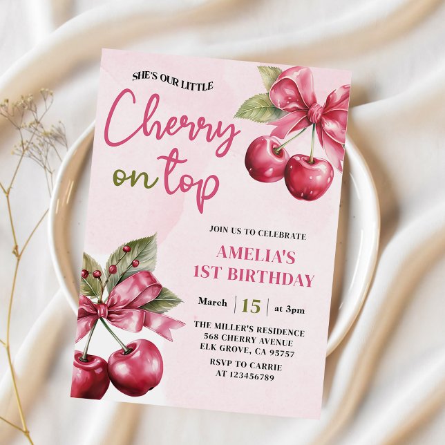 Coquette Bow Cherry på första födelsedagarinbjudan Inbjudningar (Skapare uppladdad)