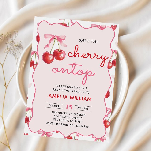 Coquette Bow Cherry på Top Baby Shower-inbjudan Inbjudningar (Skapare uppladdad)