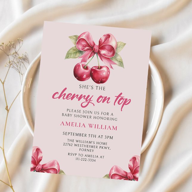 Coquette Bow Cherry på Top Baby Shower-inbjudan Inbjudningar (Skapare uppladdad)