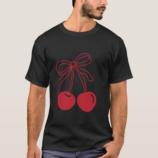 Coquette Bow Cherry Red Cherries Ribbon Rosa Cute T Shirt (Framsida)