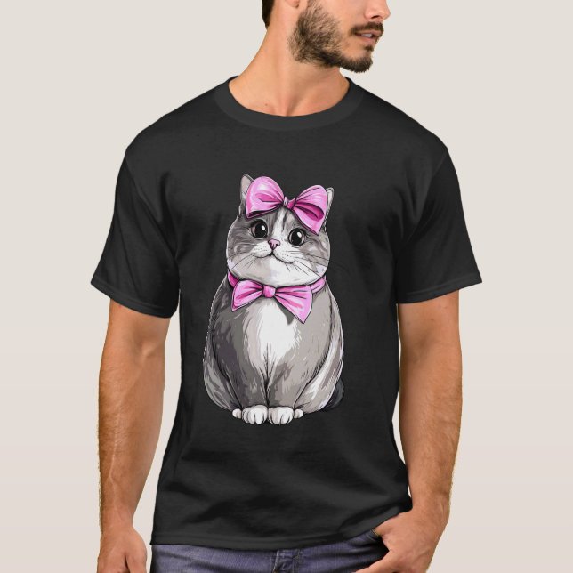 Coquette Bow Chonk Söt Katt Meme Mamma Flicka Rosa T Shirt (Framsida)
