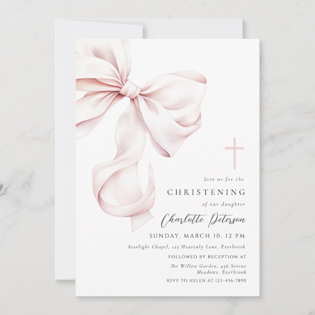 Coquette Bow Christening Invitation Inbjudningar (Framsida)
