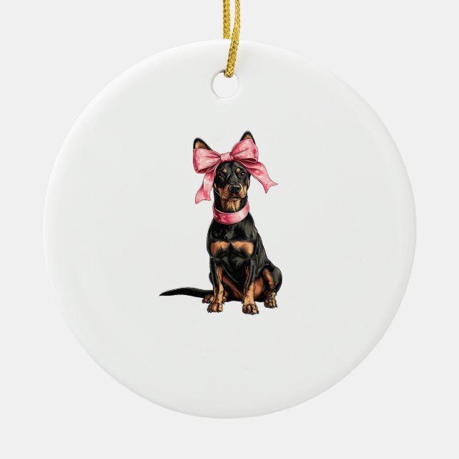Coquette Bow Doberman Hund Mamma Flicka Rosa Julgransprydnad Keramik (Framsidan)
