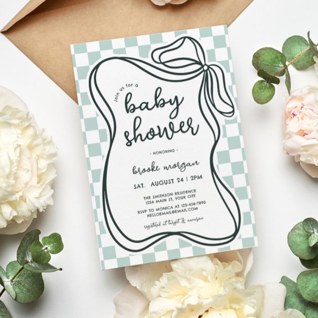 Coquette Bow Gender Neutral Baby Shower Inbjudningar (Gender Neutral Coquette Checkered Baby Shower Invite)