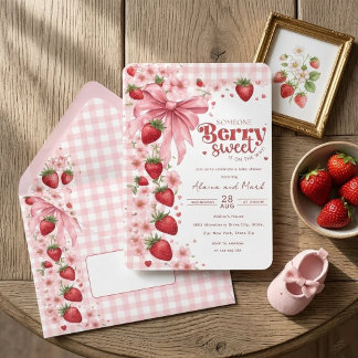 Coquette Bow Jordgubbe Berry Söt Baby Shower Inbjudningar
