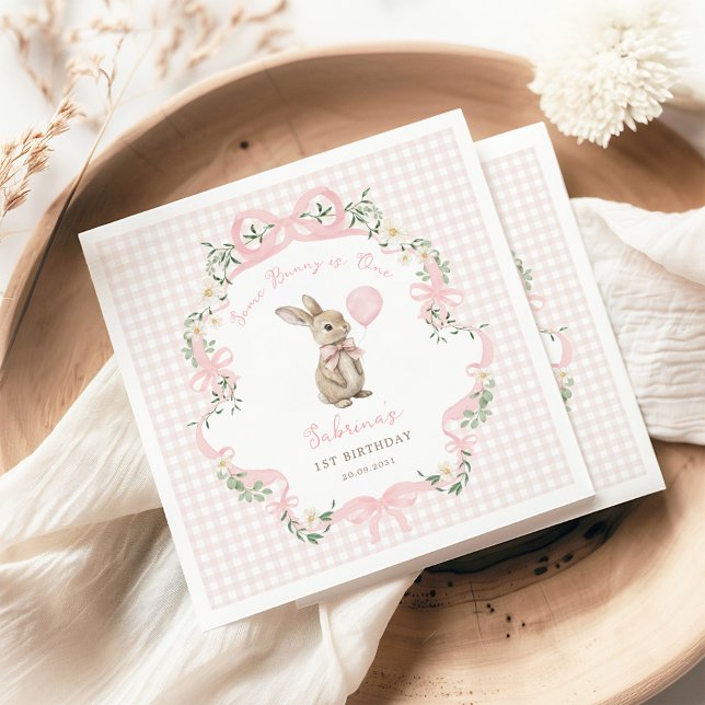 Coquette Bow Kanin Rosa Gingham 1-årsdag Pappersservett (Skapare uppladdad)
