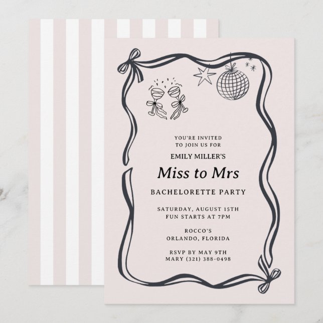 Coquette Bow Miss to Mrs Bachelorette  Inbjudningar (Fram/baksida)