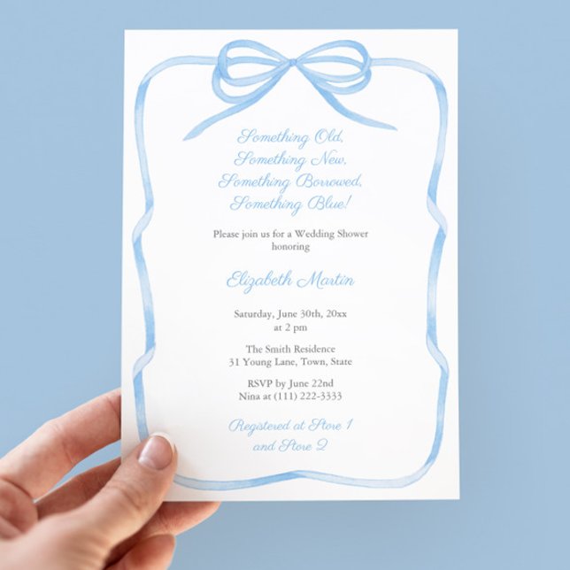 Coquette Bow Nåt blått Möhippa Inbjudningar (Something Blue Theme Bridal Shower Party Invitation With Coquette Light Blue Bow and Ribbon Frame)