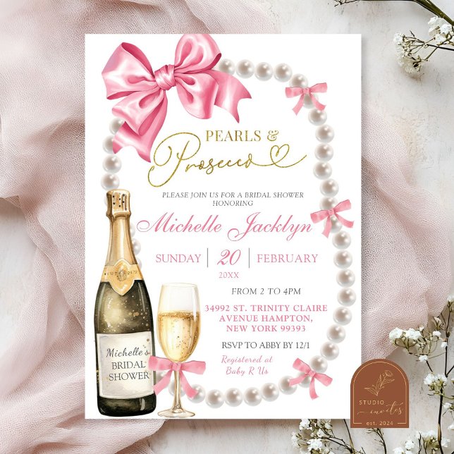 Coquette Bow Pärlor och Prosecco Bröllopsfest Inbjudningar (Skapare uppladdad)