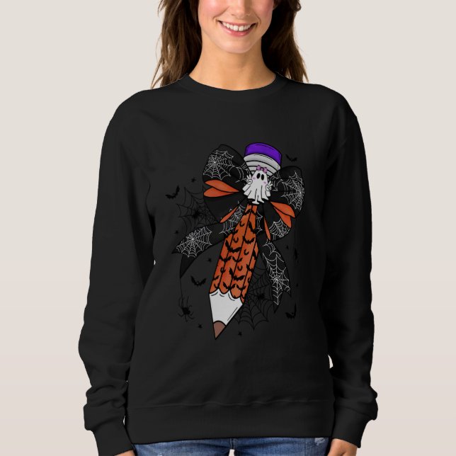 Coquette Bow Pencil Funny Ghost Spooky Teacher Hal T Shirt (Framsida)