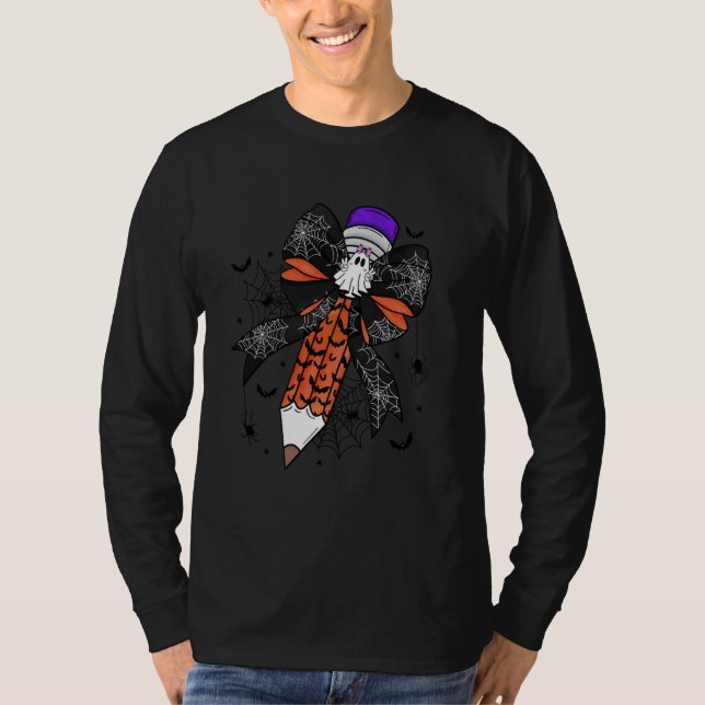 Coquette Bow Pencil Funny Ghost Spooky Teacher Hal T Shirt (Framsida)