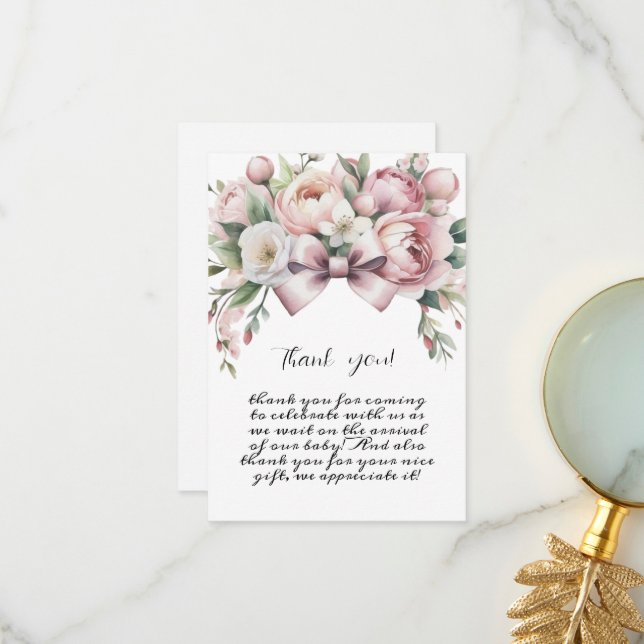 Coquette Bow & Peony Watercolor Baby Shower Tack Kort (Fram/Back In Situ)