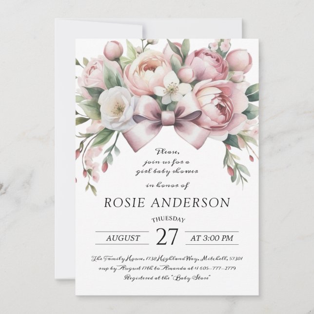 Coquette Bow & Peony Watercolor Barnrumsfirande Inbjudningar (Framsida)