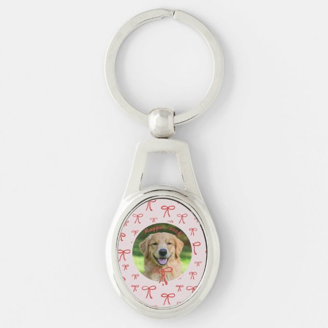 Coquette Bow Personalized Pet Photo Keychain Ovalt Silverfärgad Nyckelring (Framsidan)
