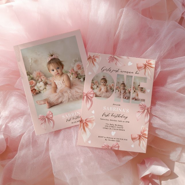 Coquette Bow Pink Girls Just wanna First Birthday Inbjudningar (Coquette Bow Pink Girls Just wanna First Birthday Invitation)