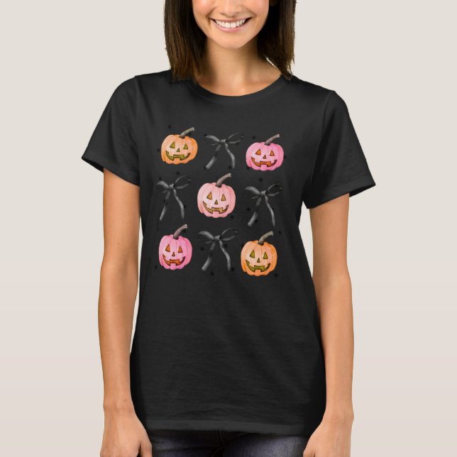 Coquette Bow Pumpkin Jack o lantern Spooky Season T Shirt (Framsida)