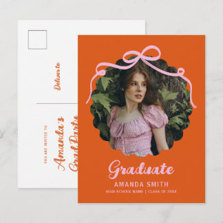 Coquette Bow Retro Orange & Pink Graduation Photo Inbjudan Vykort