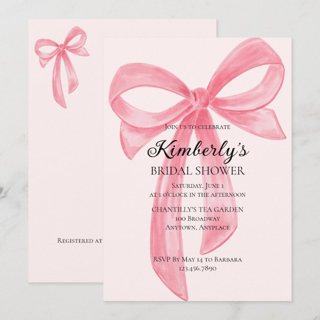 Coquette Bow Rosa Bröllopsdusch Inbjudningar (Fram/baksida)