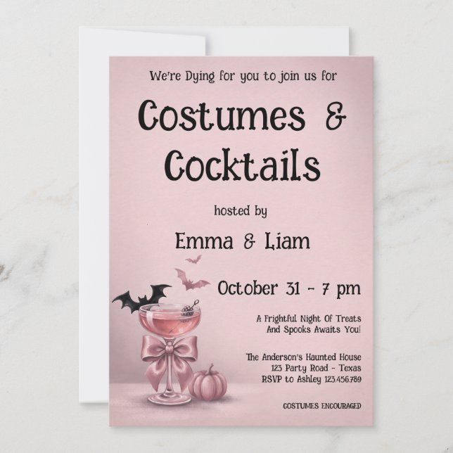 Coquette Bow Rosa Drink & Fladdermöss Halloweenfes Inbjudningar (Framsida)