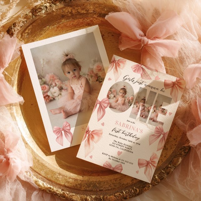 Coquette Bow Rosa Girls vill bara ha första födels Inbjudningar (Coquette Bow Pink Girls Just wanna First Birthday Invitation)