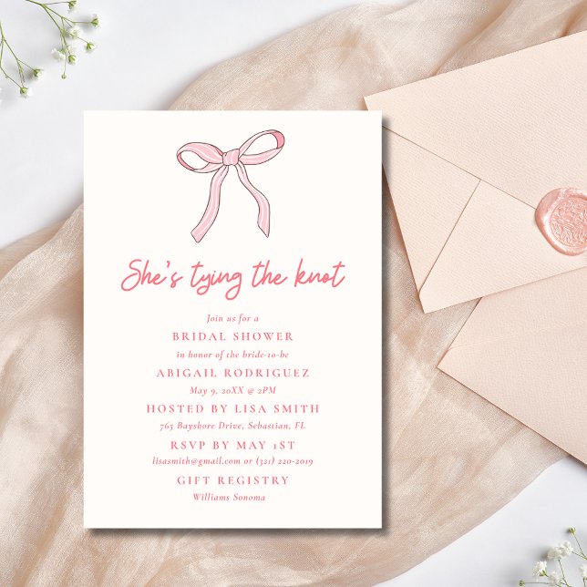 Coquette Bow Rosa Möhippa Inbjudningar (Tying the Knot Coquette Bow Bridal Shower Invitation)