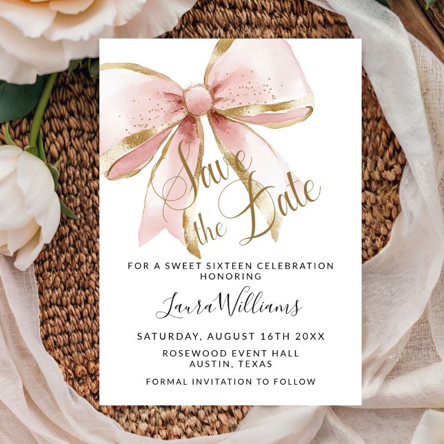 Coquette Bow Save The Date Söt Sexton Inbjudningar (Elegant Pink and Gold Sweet Sixteen Save the Date Invitation)