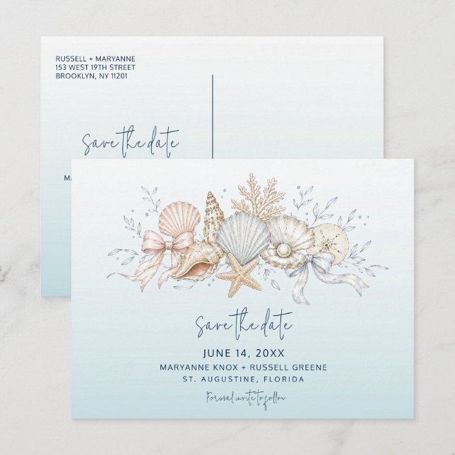 Coquette Bow & Seashell Strandbröllop Save the Dat Meddelande Vykort (Fram/baksida)