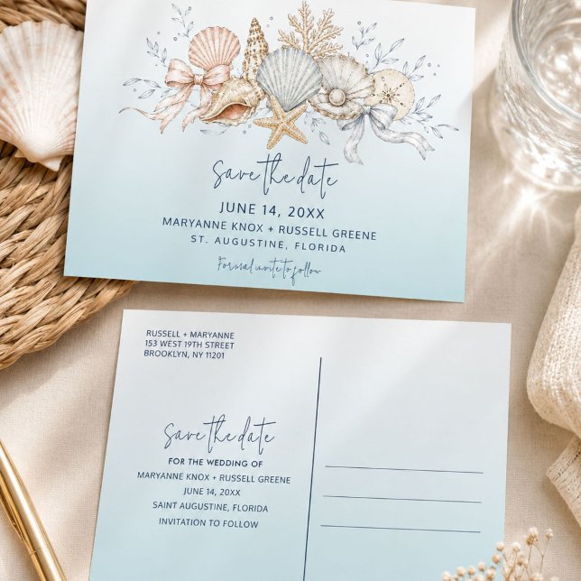 Coquette Bow & Seashell Strandbröllop Save the Dat Meddelande Vykort (Coquette Bow & Seashell Beach Wedding Save the Date)