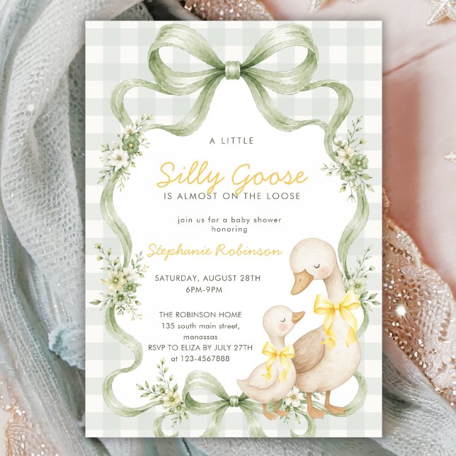 Coquette Bow Silly Goose Sage Gingham Barnrumsfira Inbjudningar (Skapare uppladdad)