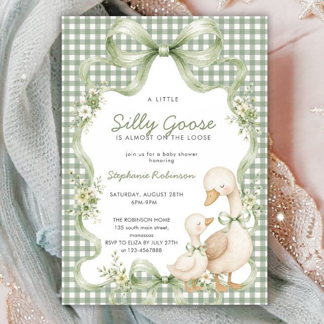 Coquette Bow Silly Goose Sage Rutigt Babyfirande Inbjudningar (Skapare uppladdad)