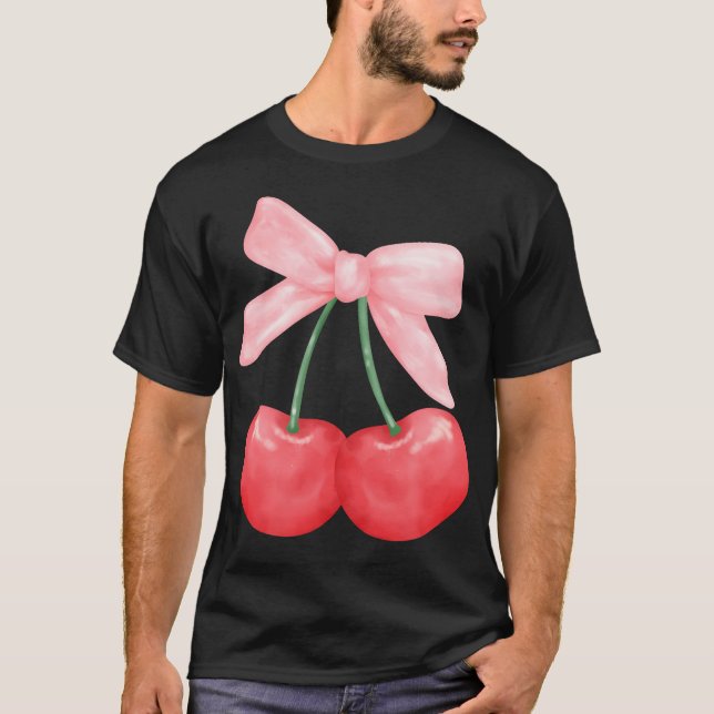 Coquette Bow Simple Rosa Cute Girl Cherries T Shirt (Framsida)