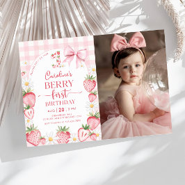Coquette Bow Strawberry Berry First Birthday Photo Inbjudningar