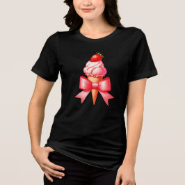 Coquette Bow Strawberry Ice Cream Cone Rosa Ribbon T Shirt