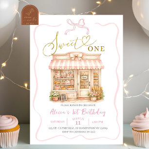 Coquette Bow Sweets Shop Första Födelsedag Inbjudningar