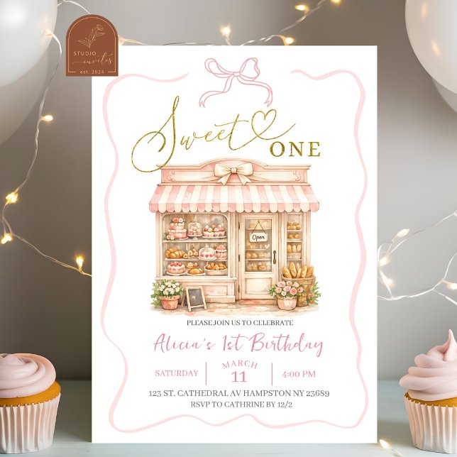 Coquette Bow Sweets Shop Första Födelsedag Inbjudningar (Skapare uppladdad)