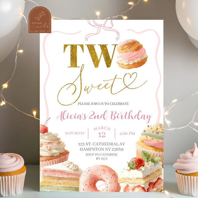 Coquette Bow Sweets Tårta 2-års Födelsedagsinbjuda Inbjudningar (Skapare uppladdad)
