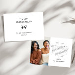 Coquette Bow To My Bridesmaid Wedding Day Photo Th Tack Kort<br><div class="desc">The Coquette Bow To My Bridesmaid Wedding Day Photo Thank You Card is a heartfelt way to express gratitude to your bridesmaid. Featuring an elegant bow design and space for a cherished photo,  this card adds a personal touch to your appreciation.</div>