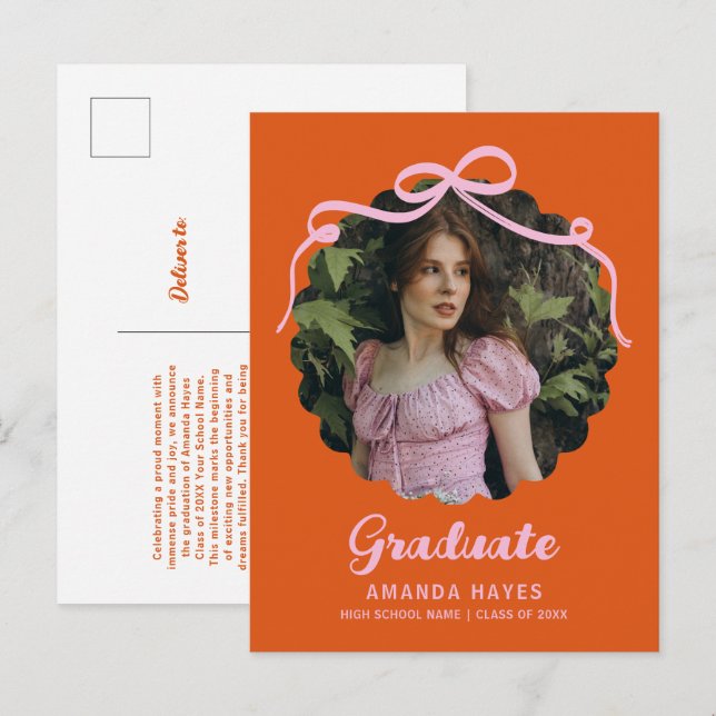 Coquette Bow Wavy Orange & Pink Graduation Photo Meddelande Vykort (Fram/baksida)