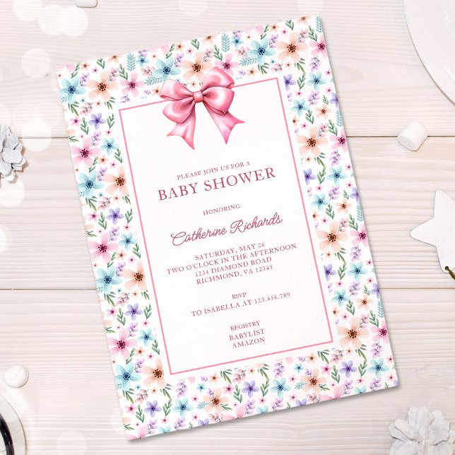 Coquette Bow WildblomGirl Baby Shower Blommigt Inbjudningar (Skapare uppladdad)